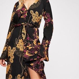 Free People Floral Black and Gold Women's Midi Dress Size S